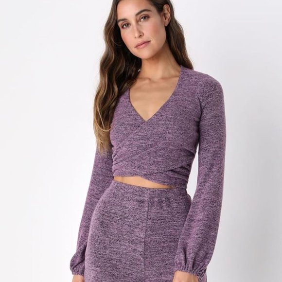 NWT LULUS Laid Back Luxury Purple Heather Knit Long Sleeve Crop Top - Picture 3 of 9